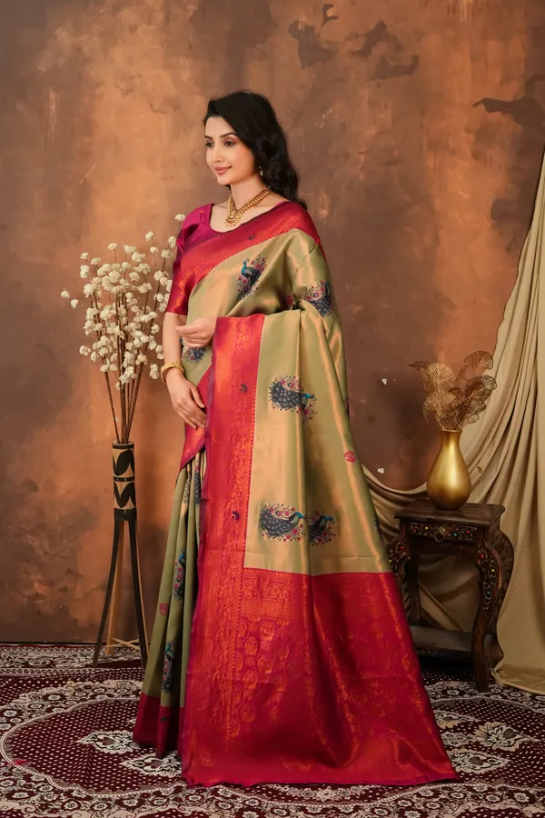 Olive_Green_Ruby_Red_Peacock_Motif_Jacquard_Silk_Saree_Default_Title