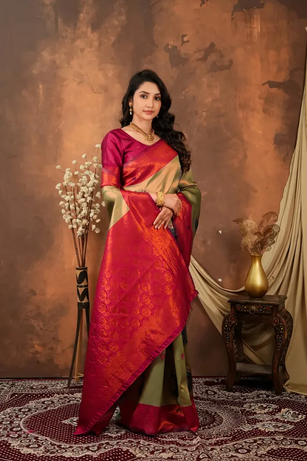 Olive_Green_Ruby_Red_Peacock_Motif_Jacquard_Silk_Saree_Default_Title