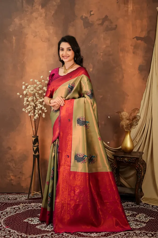 Olive_Green_Ruby_Red_Peacock_Motif_Jacquard_Silk_Saree_Default_Title