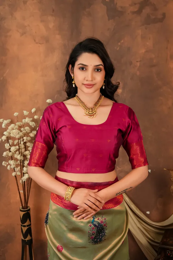 Olive_Green_Ruby_Red_Peacock_Motif_Jacquard_Silk_Saree_Default_Title