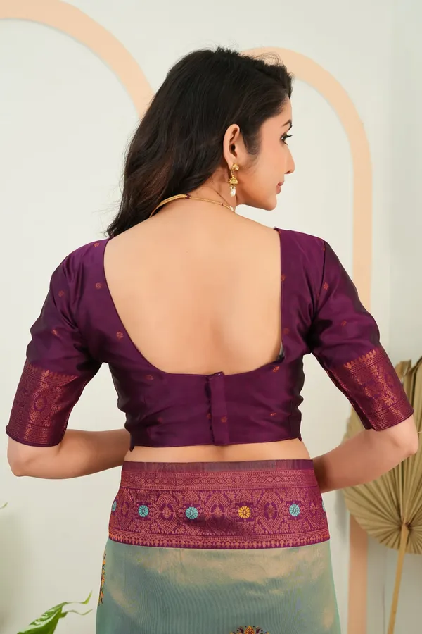 Sage_Green_Wine_Purple_Floral_Motif_Jacquard_Silk_Saree_Default_Title