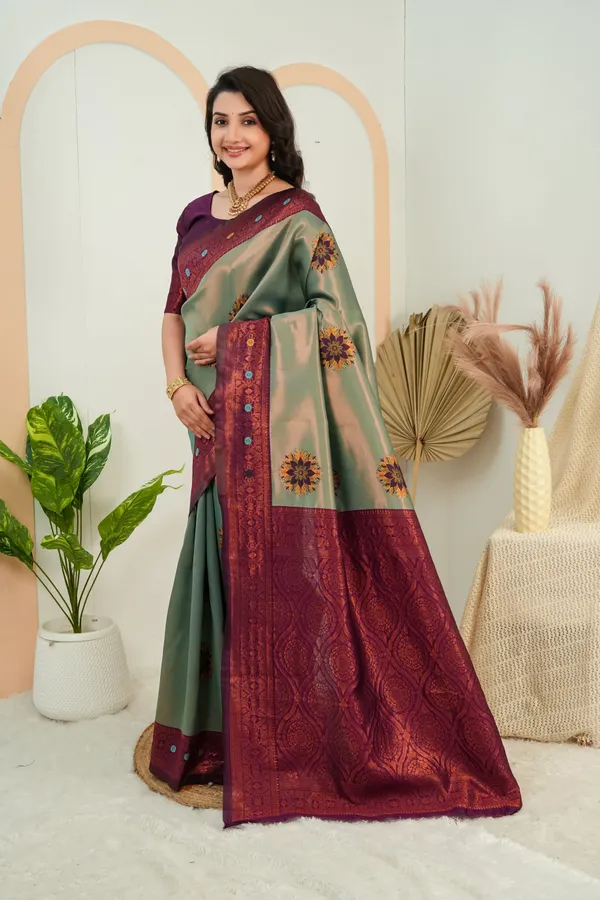 Sage_Green_Wine_Purple_Floral_Motif_Jacquard_Silk_Saree_Default_Title