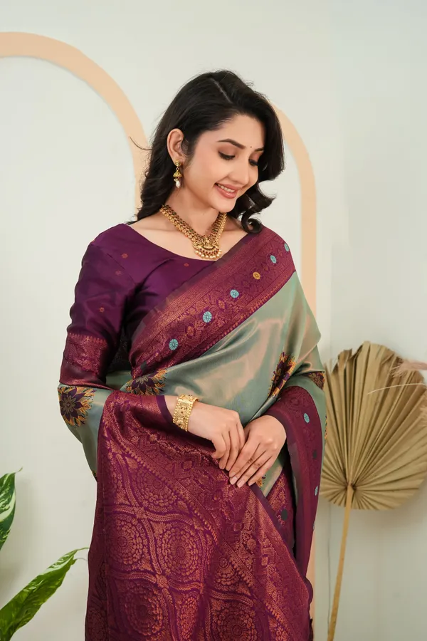 Sage_Green_Wine_Purple_Floral_Motif_Jacquard_Silk_Saree_Default_Title