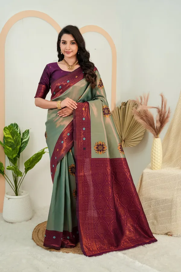 Sage_Green_Wine_Purple_Floral_Motif_Jacquard_Silk_Saree_Default_Title