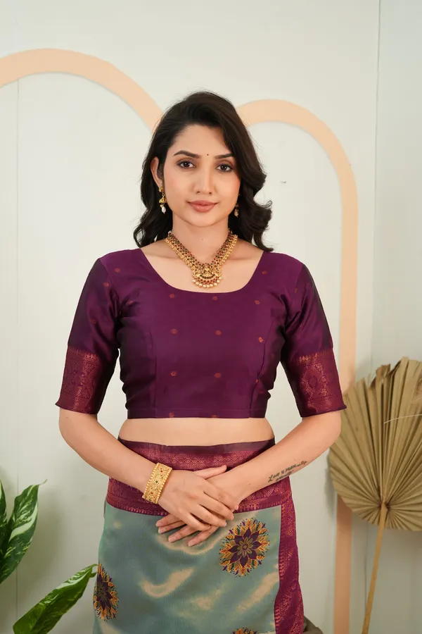 Sage_Green_Wine_Purple_Floral_Motif_Jacquard_Silk_Saree_Default_Title
