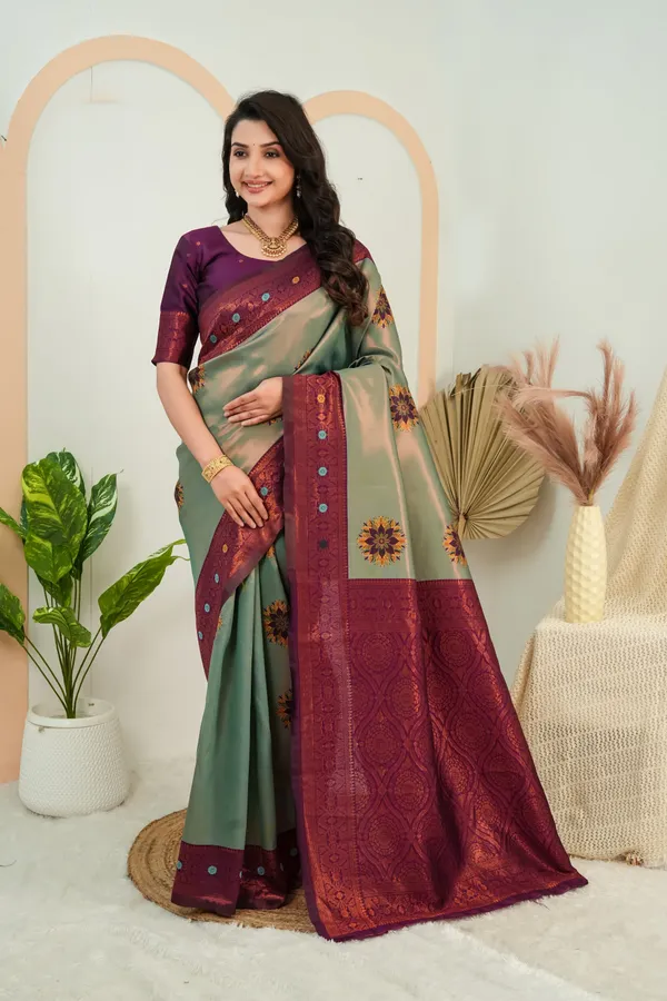Sage_Green_Wine_Purple_Floral_Motif_Jacquard_Silk_Saree_Default_Title