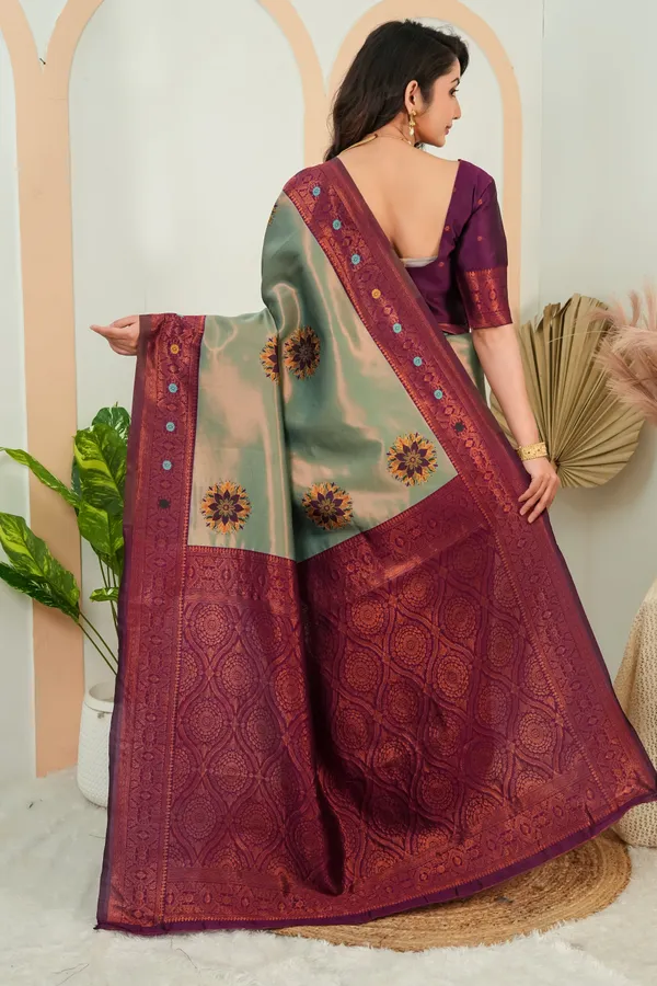 Sage_Green_Wine_Purple_Floral_Motif_Jacquard_Silk_Saree_Default_Title