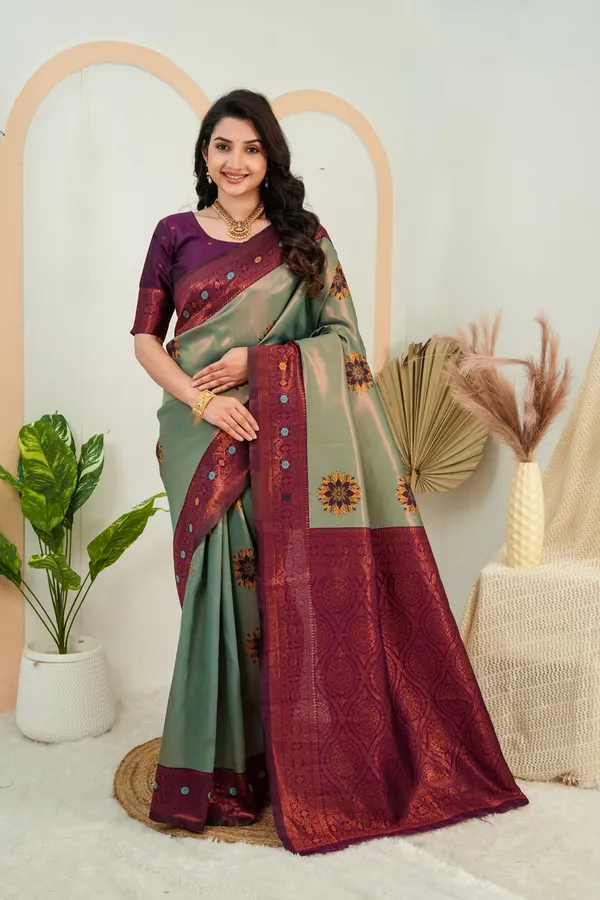 Sage_Green_Wine_Purple_Floral_Motif_Jacquard_Silk_Saree_Default_Title