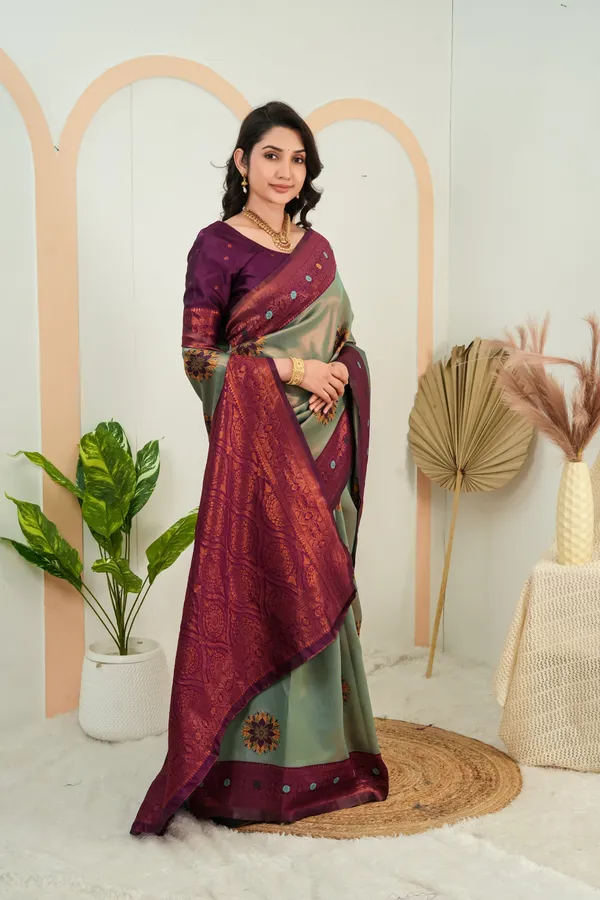 Sage_Green_Wine_Purple_Floral_Motif_Jacquard_Silk_Saree_Default_Title