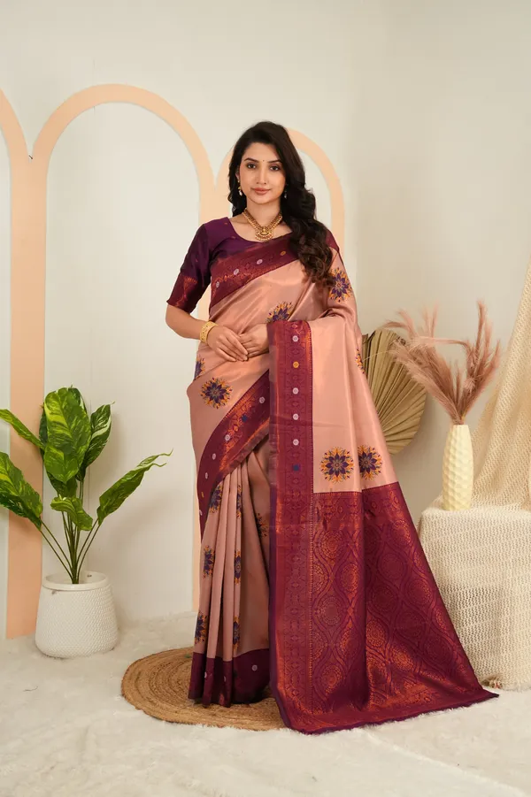Blush_Peach_Wine_Purple_Floral_Motifs_Jacquard_Silk_Saree_Default_Title