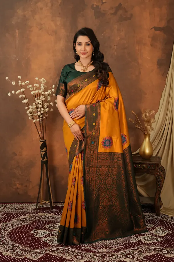 Mustard_Gold_Bottle_Green_Floral_Motifs_Jacquard_Silk_Saree_Default_Title