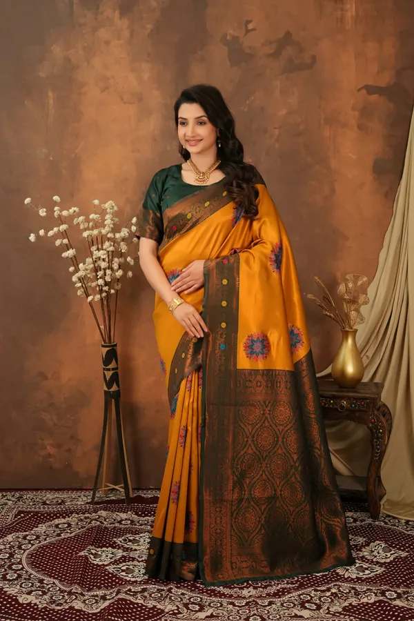 Mustard_Gold_Bottle_Green_Floral_Motifs_Jacquard_Silk_Saree_Default_Title