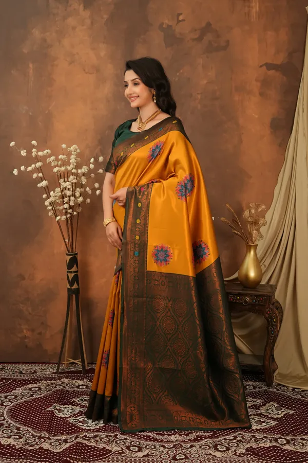 Mustard_Gold_Bottle_Green_Floral_Motifs_Jacquard_Silk_Saree_Default_Title