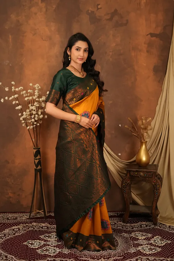 Mustard_Gold_Bottle_Green_Floral_Motifs_Jacquard_Silk_Saree_Default_Title