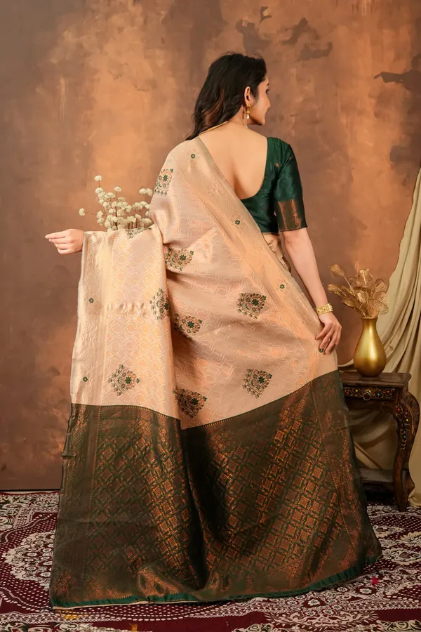 Champagne_Beige_Bottle_Green_Floral_Motifs_Jacquard_Silk_Saree_Default_Title