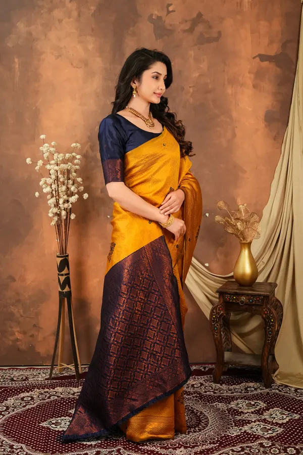 Mustard_Gold_Navy_Blue_Floral_Motifs_Jacquard_Silk_Saree_Default_Title