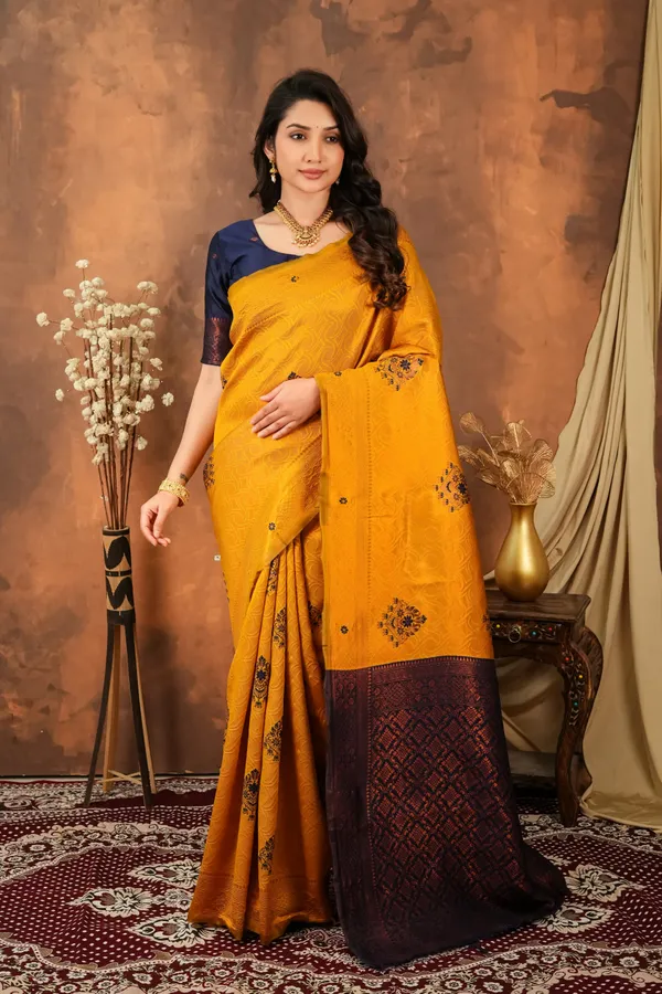 Mustard_Gold_Navy_Blue_Floral_Motifs_Jacquard_Silk_Saree_Default_Title