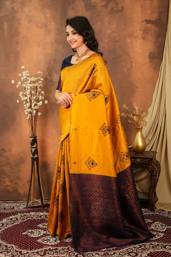 Mustard_Gold_Navy_Blue_Floral_Motifs_Jacquard_Silk_Saree_Default_Title
