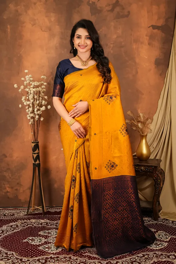 Mustard_Gold_Navy_Blue_Floral_Motifs_Jacquard_Silk_Saree_Default_Title
