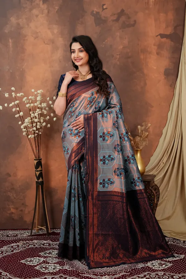 Steel_Grey_Copper_Maroon_Jacquard_Silk_Saree_With_Peacock_Motifs_Default_Title