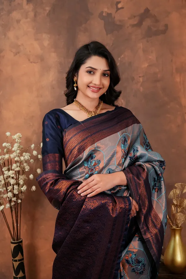 Steel_Grey_Copper_Maroon_Jacquard_Silk_Saree_With_Peacock_Motifs_Default_Title