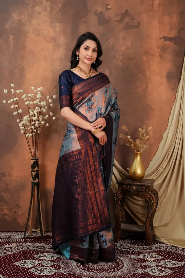 Steel_Grey_Copper_Maroon_Jacquard_Silk_Saree_With_Peacock_Motifs_Default_Title
