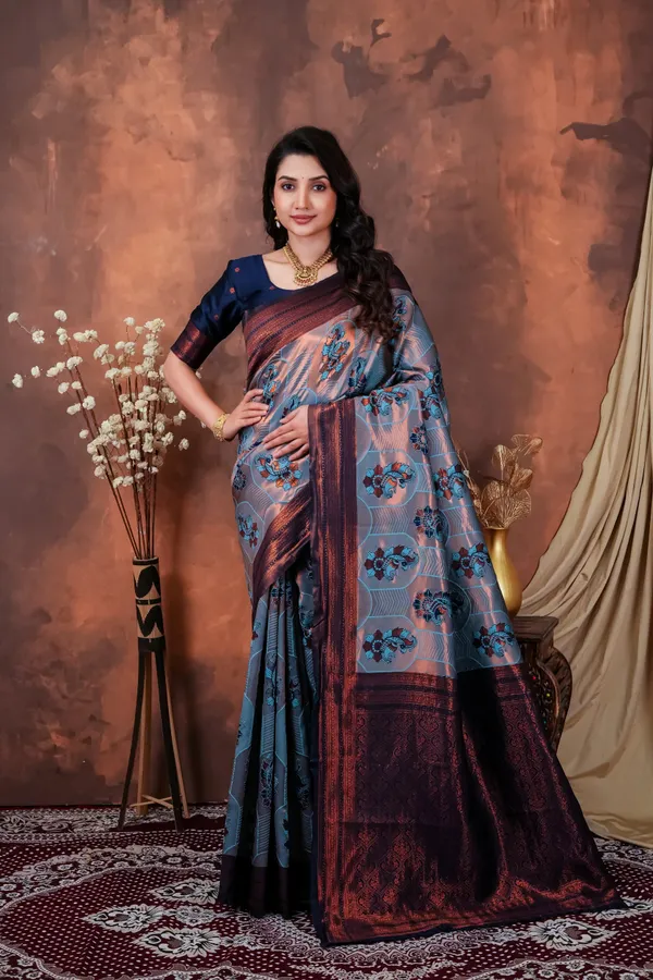 Steel_Grey_Copper_Maroon_Jacquard_Silk_Saree_With_Peacock_Motifs_Default_Title