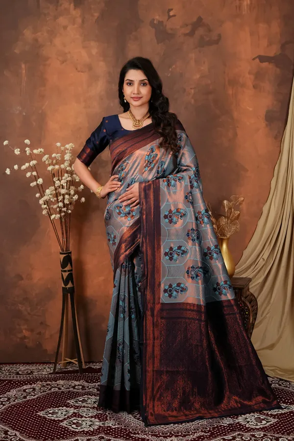 Steel_Grey_Copper_Maroon_Jacquard_Silk_Saree_With_Peacock_Motifs_Default_Title