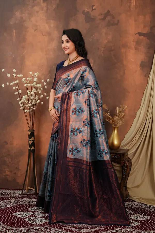 Steel_Grey_Copper_Maroon_Jacquard_Silk_Saree_With_Peacock_Motifs_Default_Title