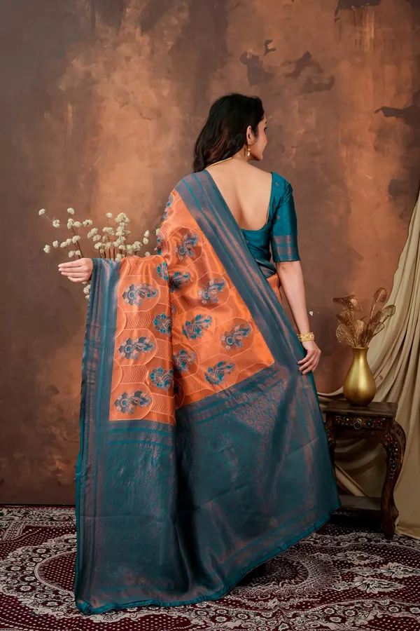 Burnt_Orange_Teal_Blue_Jacquard_Silk_Saree_With_Floral_Motifs_Default_Title