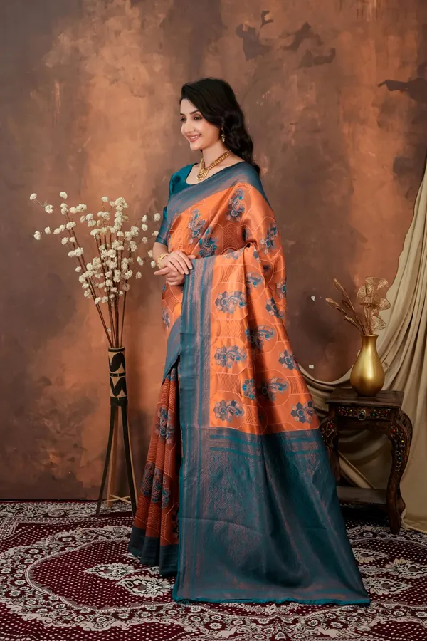 Burnt_Orange_Teal_Blue_Jacquard_Silk_Saree_With_Floral_Motifs_Default_Title