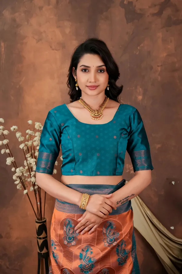 Burnt_Orange_Teal_Blue_Jacquard_Silk_Saree_With_Floral_Motifs_Default_Title