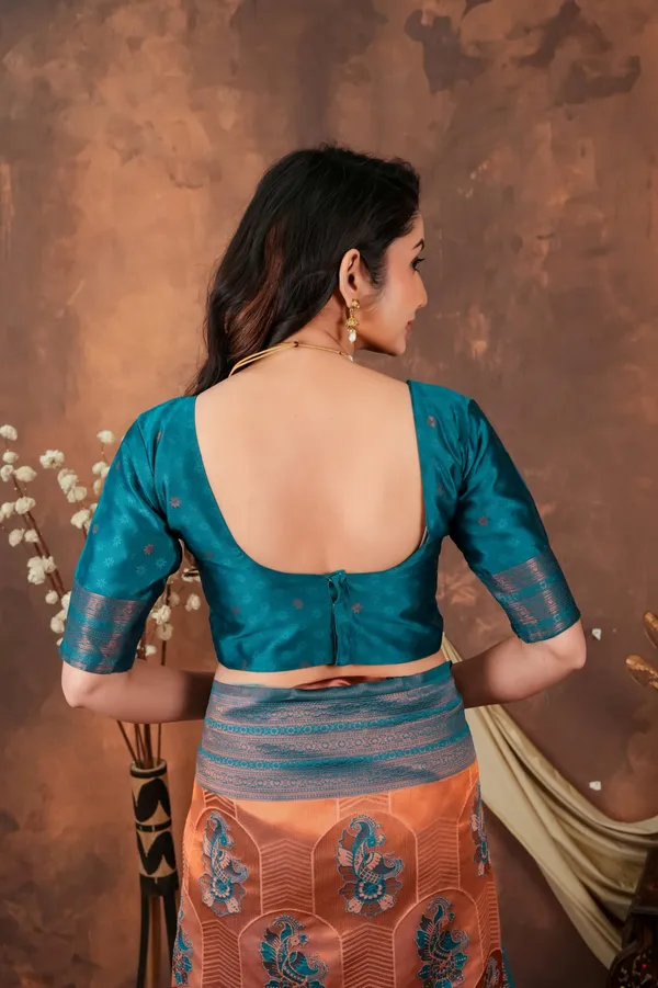 Burnt_Orange_Teal_Blue_Jacquard_Silk_Saree_With_Floral_Motifs_Default_Title