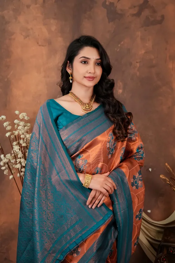 Burnt_Orange_Teal_Blue_Jacquard_Silk_Saree_With_Floral_Motifs_Default_Title