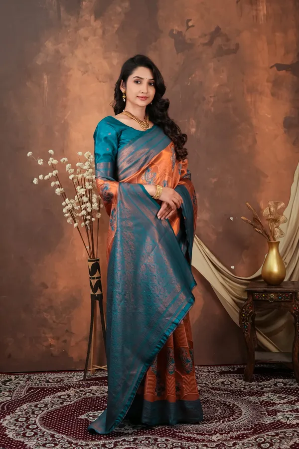 Burnt_Orange_Teal_Blue_Jacquard_Silk_Saree_With_Floral_Motifs_Default_Title