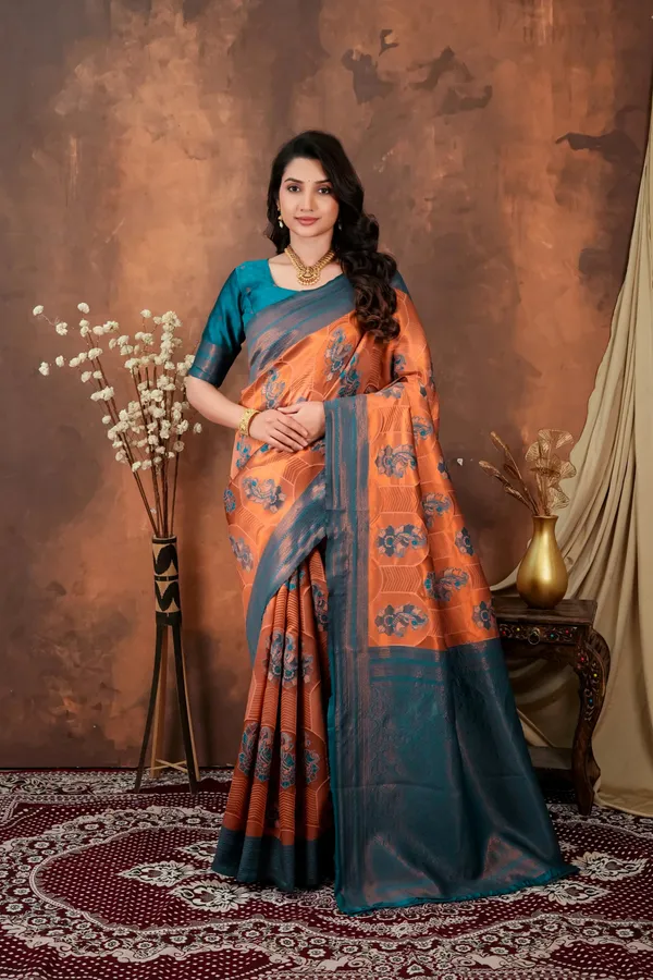 Burnt_Orange_Teal_Blue_Jacquard_Silk_Saree_With_Floral_Motifs_Default_Title