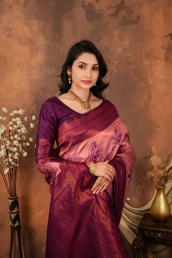 Wine_Purple_Peach_Jacquard_Silk_Saree_With_Traditional_Motifs_Default_Title