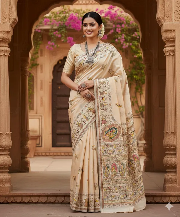 Cream_Pashmina_Saree_With_Traditional_Folk_Border_Default_Title
