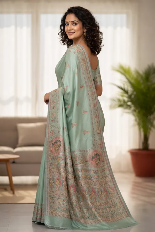 Sea_Green_Pashmina_Saree_With_Traditional_Folk_Border_Default_Title