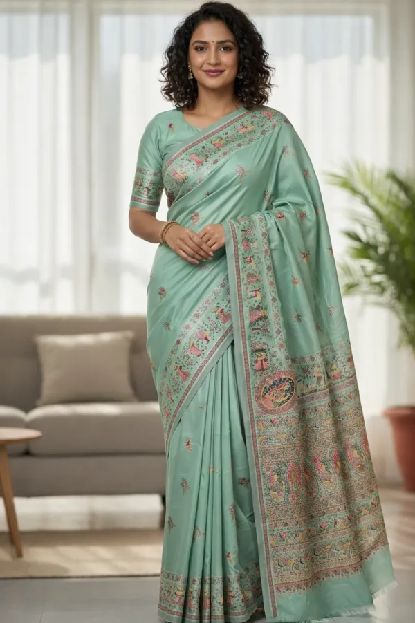 Sea_Green_Pashmina_Saree_With_Traditional_Folk_Border_Default_Title