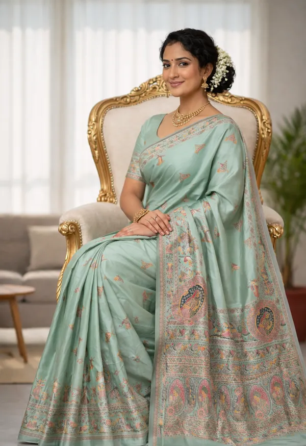 Sea_Green_Pashmina_Saree_With_Traditional_Folk_Border_Default_Title
