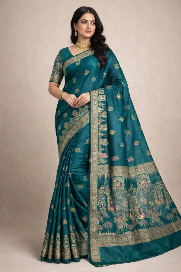 Elegant_Deep_Teal_Green_Dola_Silk_Saree_With_Peacock_Floral_Border_Default_Title