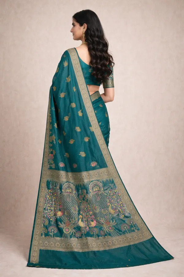 Elegant_Deep_Teal_Green_Dola_Silk_Saree_With_Peacock_Floral_Border_Default_Title