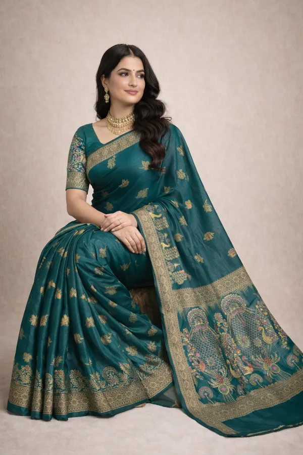 Elegant_Deep_Teal_Green_Dola_Silk_Saree_With_Peacock_Floral_Border_Default_Title