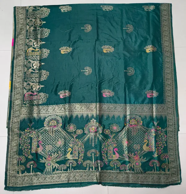 Elegant_Deep_Teal_Green_Dola_Silk_Saree_With_Peacock_Floral_Border_Default_Title