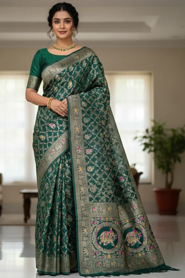 Royal_Bottle_Green_Dola_Silk_Saree_With_Elephant_Zari_Floral_Border_Default_Title
