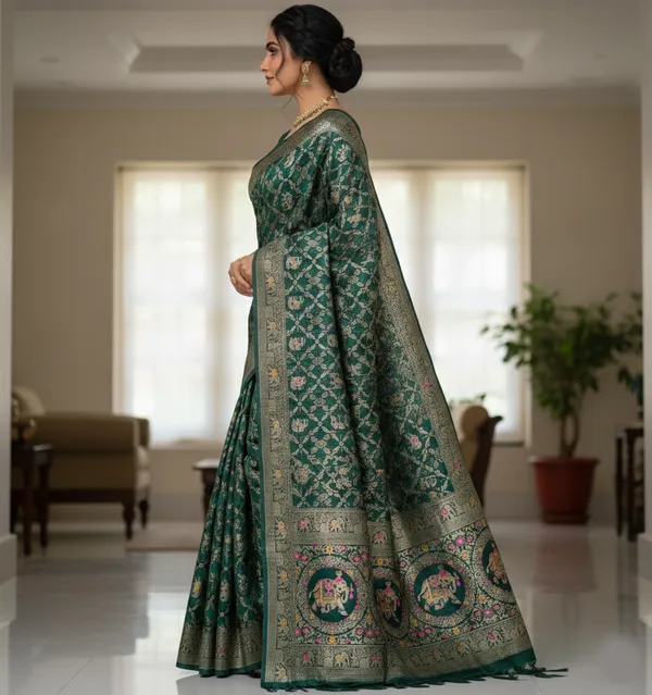 Royal_Bottle_Green_Dola_Silk_Saree_With_Elephant_Zari_Floral_Border_Default_Title