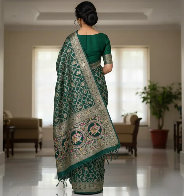 Royal_Bottle_Green_Dola_Silk_Saree_With_Elephant_Zari_Floral_Border_Default_Title