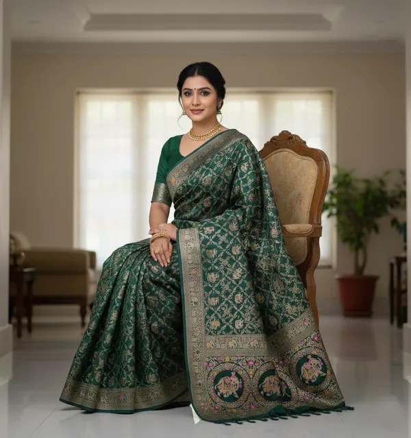Royal_Bottle_Green_Dola_Silk_Saree_With_Elephant_Zari_Floral_Border_Default_Title