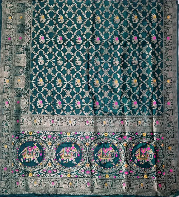 Royal_Bottle_Green_Dola_Silk_Saree_With_Elephant_Zari_Floral_Border_Default_Title